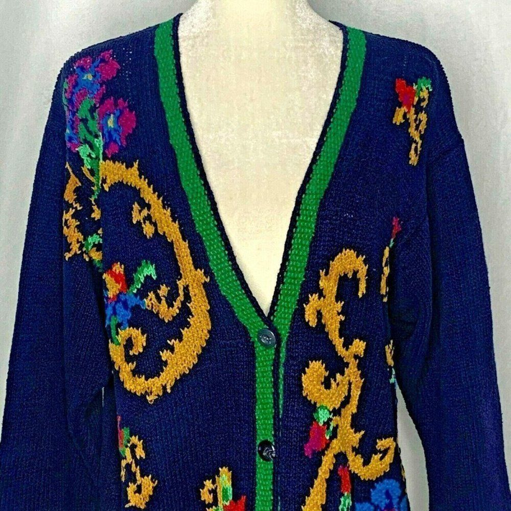 Vintage Liz Claiborne Knit Cardigan Sweater M Blue - Picture 2 of 6